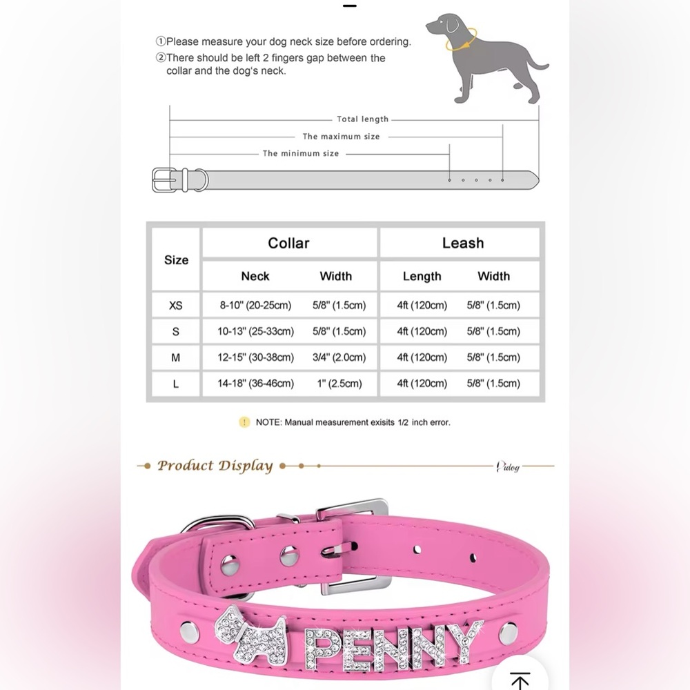 Small dog pink “Penny” leather collar with rhinestone charms.